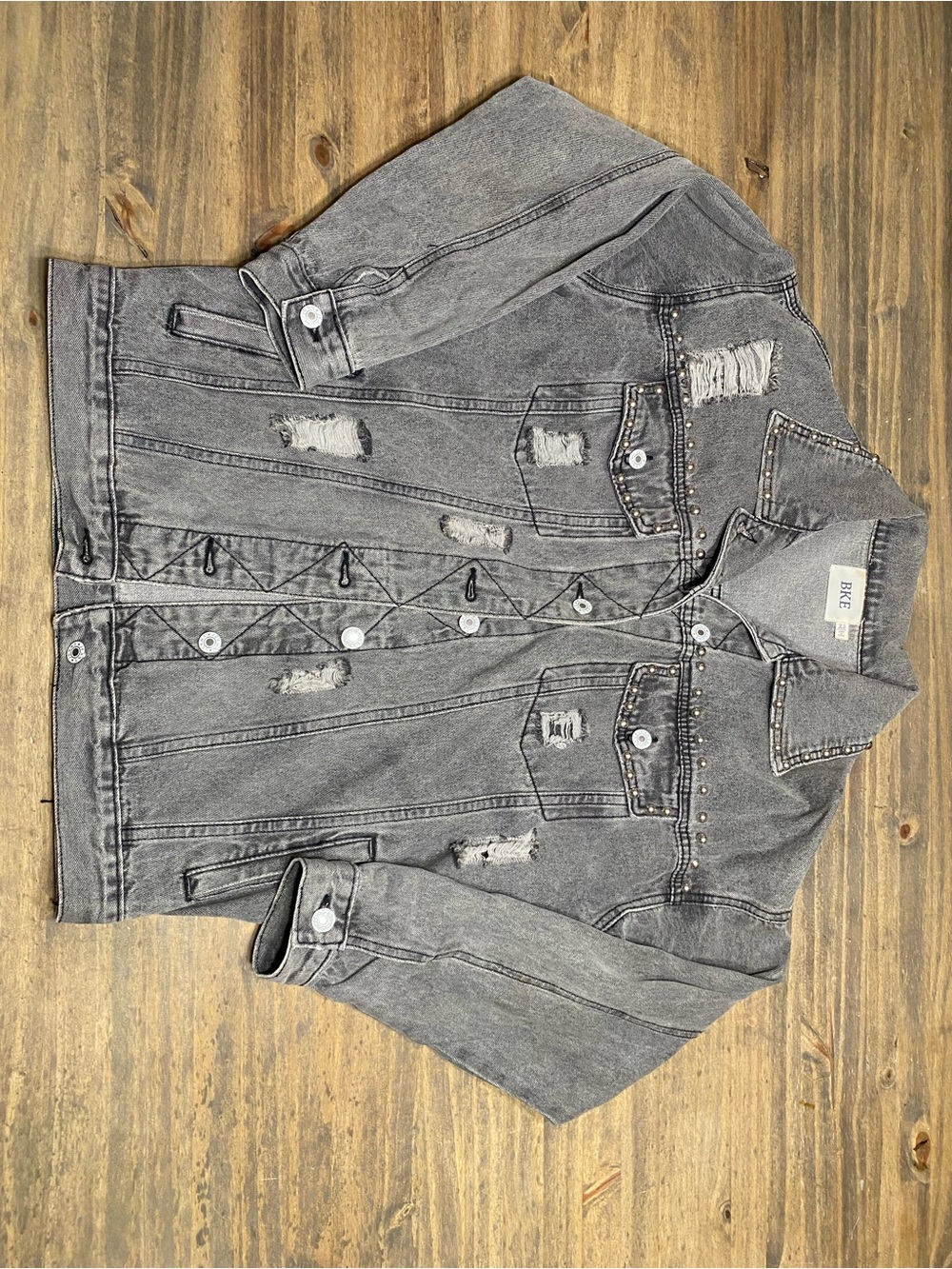 BKE Distressed Gray Washed Jean Jacket with Stud Details